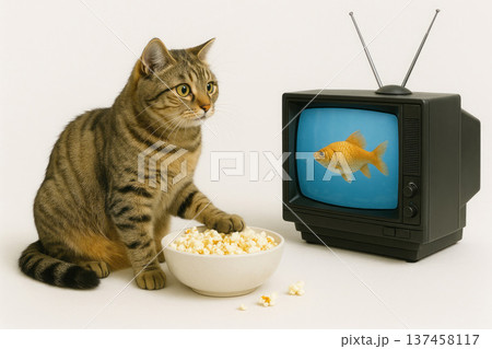 A cat with popcorn is watching TV with a fish. A cat with popcorn is watching TV with a fish. 137458117
