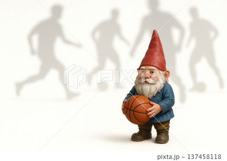 Gnome with a basketball against the background of silhouettes of football players. Space for text. Gnome with a basketball against the background of silhouettes of football players. Space for text. 137458118
