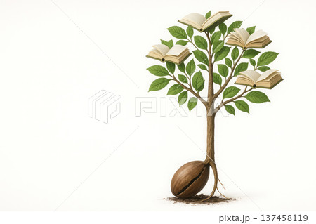A tree with book-like leaves, grown from a walnut. Space for text. 137458119