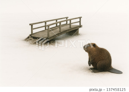 The beaver sits by the destroyed bridge. 137458125