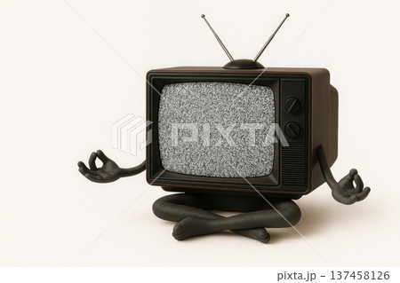 An old TV in a meditation pose with interference on the screen. Space for text. An old TV in a meditation pose with interference on the screen. Space for text. 137458126
