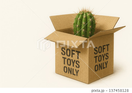 Cactus in a box labeled SOFT TOYS ONLY. Space for text. 137458128