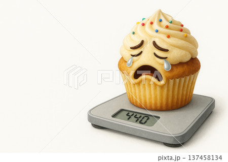 A crying cake on a scale showing 440 grams. Space for text. A crying cake on a scale showing 440 grams. Space for text. 137458134