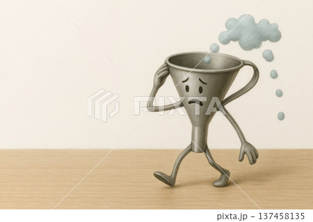 A funnel with a sad face under a rain of thoughts. Space for text. 137458135