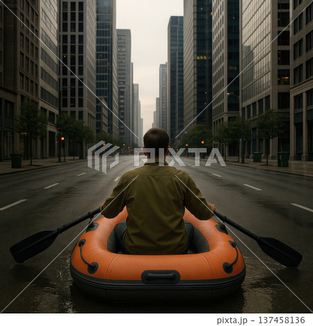 A man in a boat rows along an empty street of a metropolis. A man in a boat rows along an empty street of a metropolis. 137458136