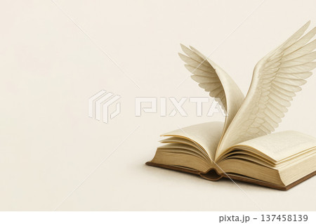 The book is opened, its pages turn into wings. Space for text. 137458139