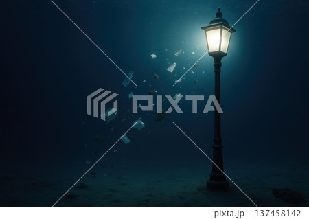 A street lamp underwater among floating garbage. Space for text. A street lamp underwater among floating garbage. Space for text. 137458142