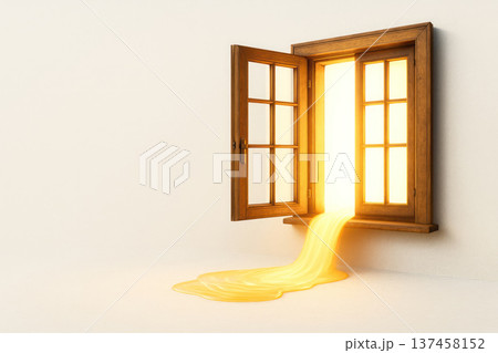 The bright sun flows out of the open window. Space for text. The bright sun flows out of the open window. Space for text. 137458152