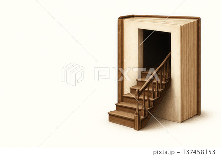 A book with a staircase inside leading into the darkness. Space for text. A book with a staircase inside leading into the darkness. Space for text. 137458153