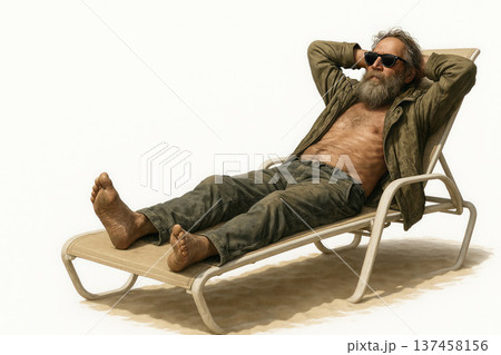A homeless man sunbathes on a sun lounger. Space for text. A homeless man sunbathes on a sun lounger. Space for text. 137458156