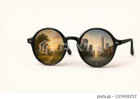 Glasses with a reflection of the village house and the city. Glasses with a reflection of the village house and the city. 137458157