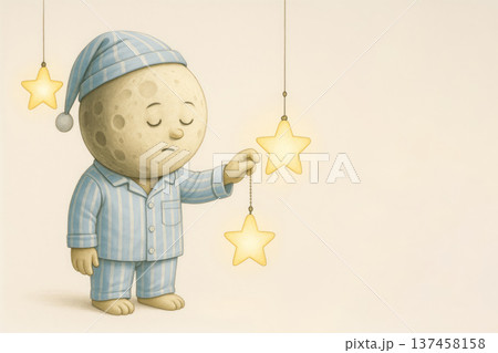 A month in pajamas turns off the starlight before going to bed. Space for text. A month in pajamas turns off the starlight before going to bed. Space for text. 137458158