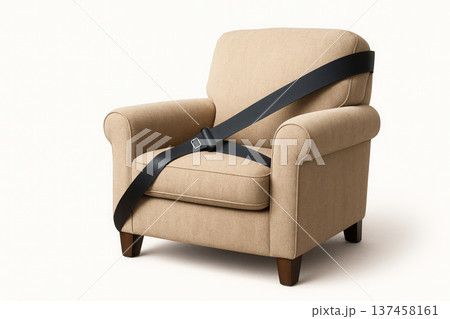 Seat with seat belt fastened on a light background. 137458161