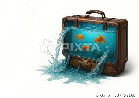 A suitcase filled with water with goldfish. Space for text. 137458169