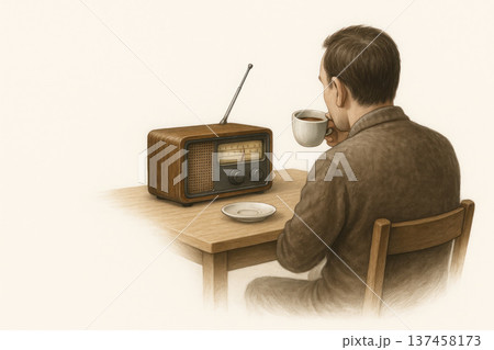 A man with a cup of coffee is listening to a retro radio at a table. Space for text. 137458173