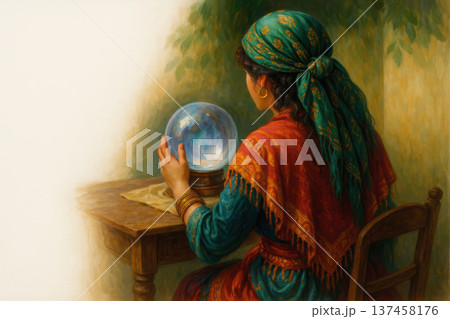 A fortune teller in a scarf and bracelets holds a crystal ball at the table. Space for text. 137458176