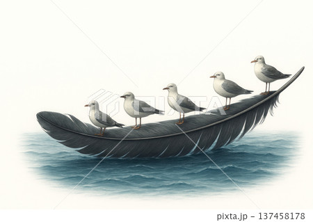 Seagulls float on a giant feather on the sea. 137458178