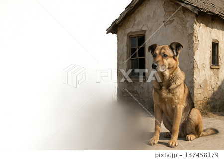 The dog is sitting near an old destroyed house. Space for text. 137458179
