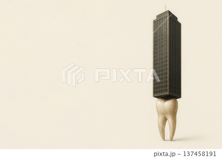 A skyscraper on a tooth, a symbol of urbanization and vulnerability. Space for text. 137458191