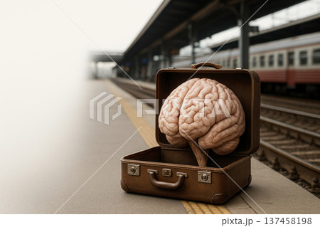 Brain in a suitcase on an empty platform. Space for text. Brain in a suitcase on an empty platform. Space for text. 137458198