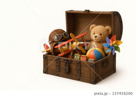 A chest with children's toys, a teddy bear and an airplane. Space for text. 137458200