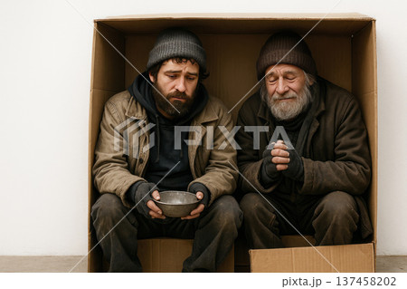 Two homeless men in a box. 137458202