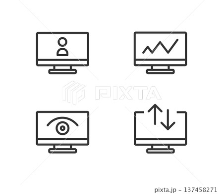 デスクトップ画面とテレワーク・オンライン会議・監視の線画アイコンセット 137458271