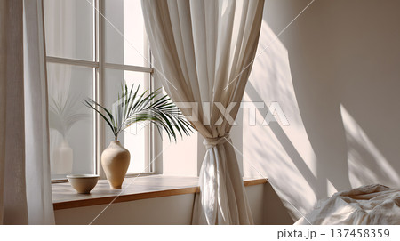 Minimalist bedroom interior sunlight curtain shadow neutral color cozy minimalist aesthetic photography clean composition natural light tranquil morning scene with soft fabric and ceramic vase 137458359