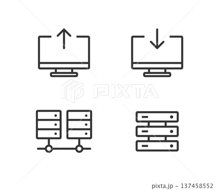 デスクトップ画面とサーバー・データ送受信・ネットワークの線画アイコンセット 137458552