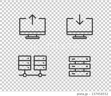 桌面螢幕和伺服器、資料傳輸和接收、網路線路圖示集 桌面螢幕和伺服器、資料傳輸和接收、網路線路圖示集 137458552