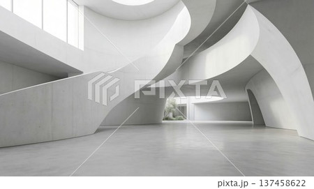 Modern minimalist concrete architecture interior with curved skylight and olive trees in courtyard 137458622