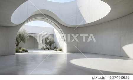 Modern minimalist concrete architecture interior with curved skylight and olive trees in courtyard 137458623