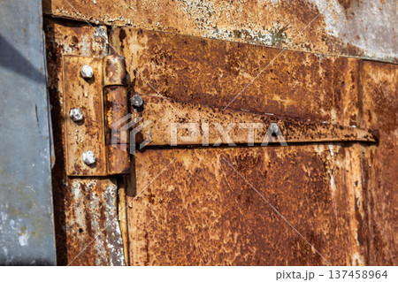 A close view of a metal gate covered in rust, with visible hinges and screws, set in an outdoor environment during daytime 137458964