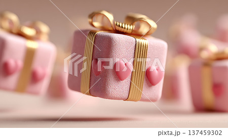 3D rendering of pink gift boxes with golden ribbons and heart decorations, creating whimsical and festive atmosphere 137459302