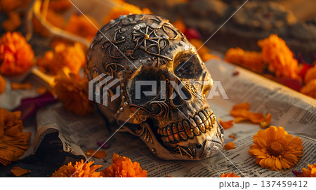 decorative sugar skull surrounded by marigold flowers and newspaper, symbolizing cultural traditions decorative sugar skull surrounded by marigold flowers and newspaper, symbolizing cultural traditions 137459412