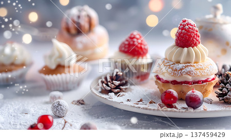 Delightful dessert still life featuring assorted pastries with seasonal decorations, evoking festive atmosphere Delightful dessert still life featuring assorted pastries with seasonal decorations, evoking festive atmosphere 137459429