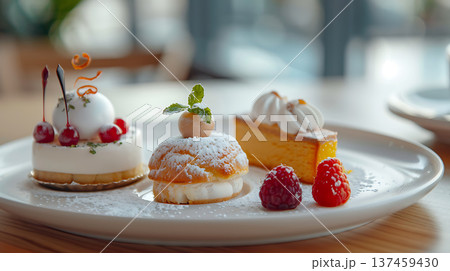 Delightful dessert still life featuring assorted pastries with seasonal fruits Delightful dessert still life featuring assorted pastries with seasonal fruits 137459430