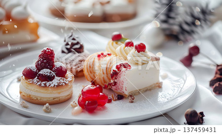 Delicious assorted pastries on white plate, featuring seasonal fruits and cream Delicious assorted pastries on white plate, featuring seasonal fruits and cream 137459431