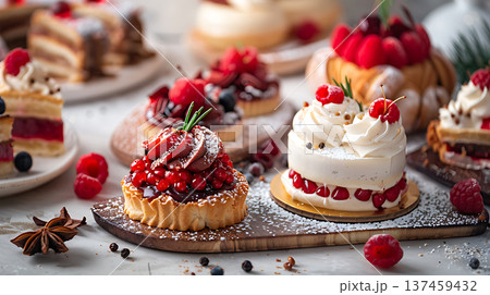 Delicious assorted pastries with seasonal fruits and cream toppings 137459432