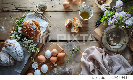 rustic breakfast scene featuring eggs, bread, and flowers on wooden table 137459435