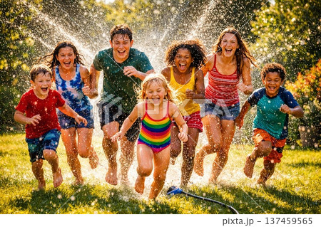 Children Running Through Sprinkler, Sunlit Park Scene With Colorful Swimsuits, Droplets Sparkling In Backlight, Energetic Play, Joyful Laughter And Summer Warmth Captured Candidly 137459565