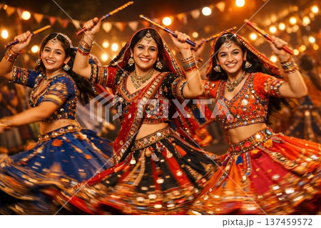 South Asian Women Dancing With Enthusiasm Under Decorative Festive Lights. Dynamic Scene Of Women Twirling In Elaborate Lehengas During Lively Cultural Festival 137459572