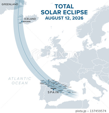 Total solar eclipse, August 12, 2026, political map, showing path of totality. Moon obscuring the sun, crossing west to east through Greenland, Iceland, and Spain, including Balearic Islands. Vector 137459574
