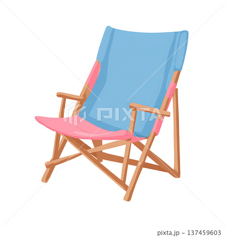 Blue and pink folding beach chair with wooden frame Blue and pink folding beach chair with wooden frame 137459603