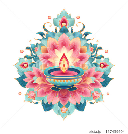 Colorful lotus diya with glowing flame and serene floral glow Colorful lotus diya with glowing flame and serene floral glow 137459604