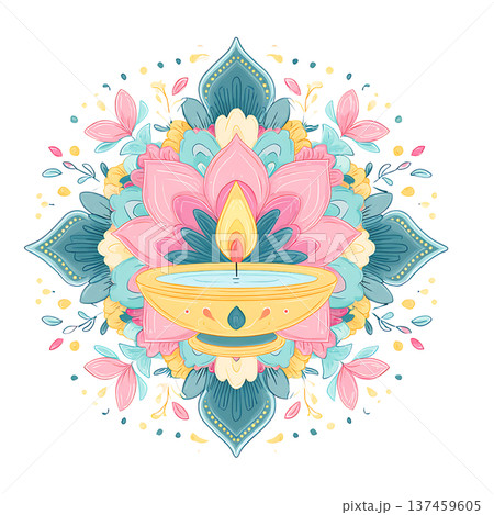 Festive lotus diya candle with colorful floral mandala glow Festive lotus diya candle with colorful floral mandala glow 137459605