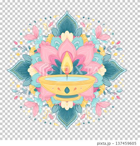 Festive lotus diya candle with colorful floral mandala glow Festive lotus diya candle with colorful floral mandala glow 137459605