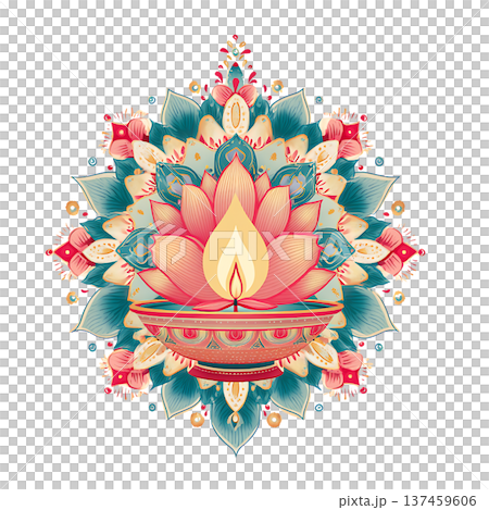 Colorful lotus diya mandala with warm glowing flame Colorful lotus diya mandala with warm glowing flame 137459606