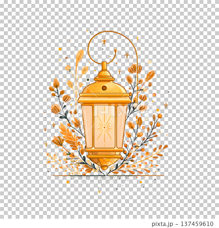 Gold ornamental lantern with floral accents glowing warmly Gold ornamental lantern with floral accents glowing warmly 137459610