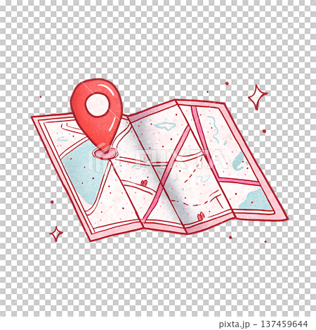 Map pin on folded map showing route and emotion 137459644